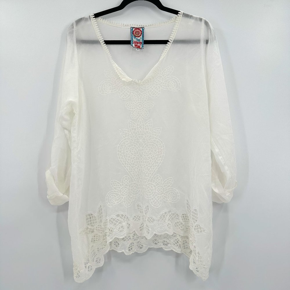 JOHNNY WAS Floral Eyelet Embroidered Tunic Top